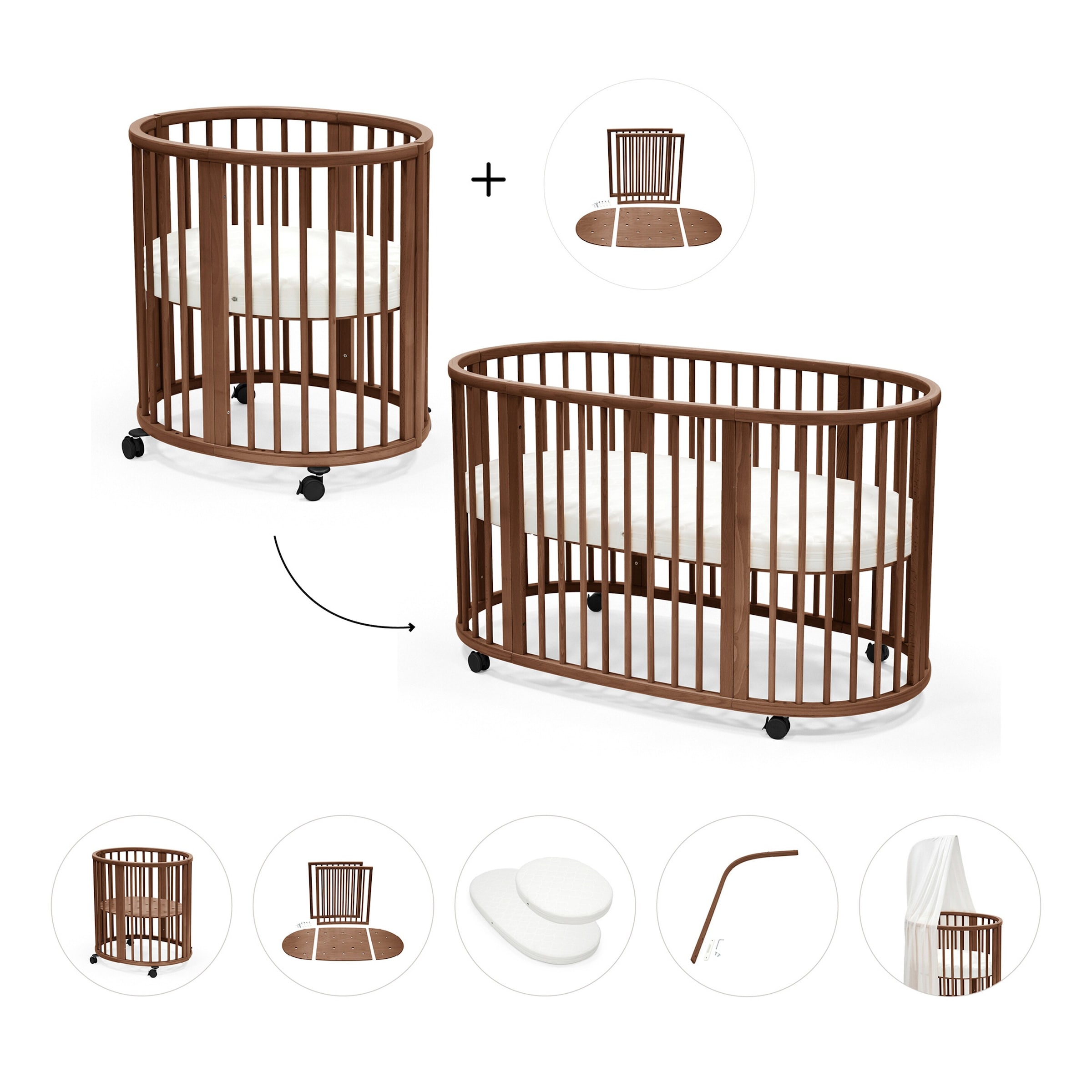 Stokke® Sleepi™ Bundle Sleepi Mini inkl. Umbausatz, 2 Matratzen und Spannbettücher, Himmelstange und Himmel