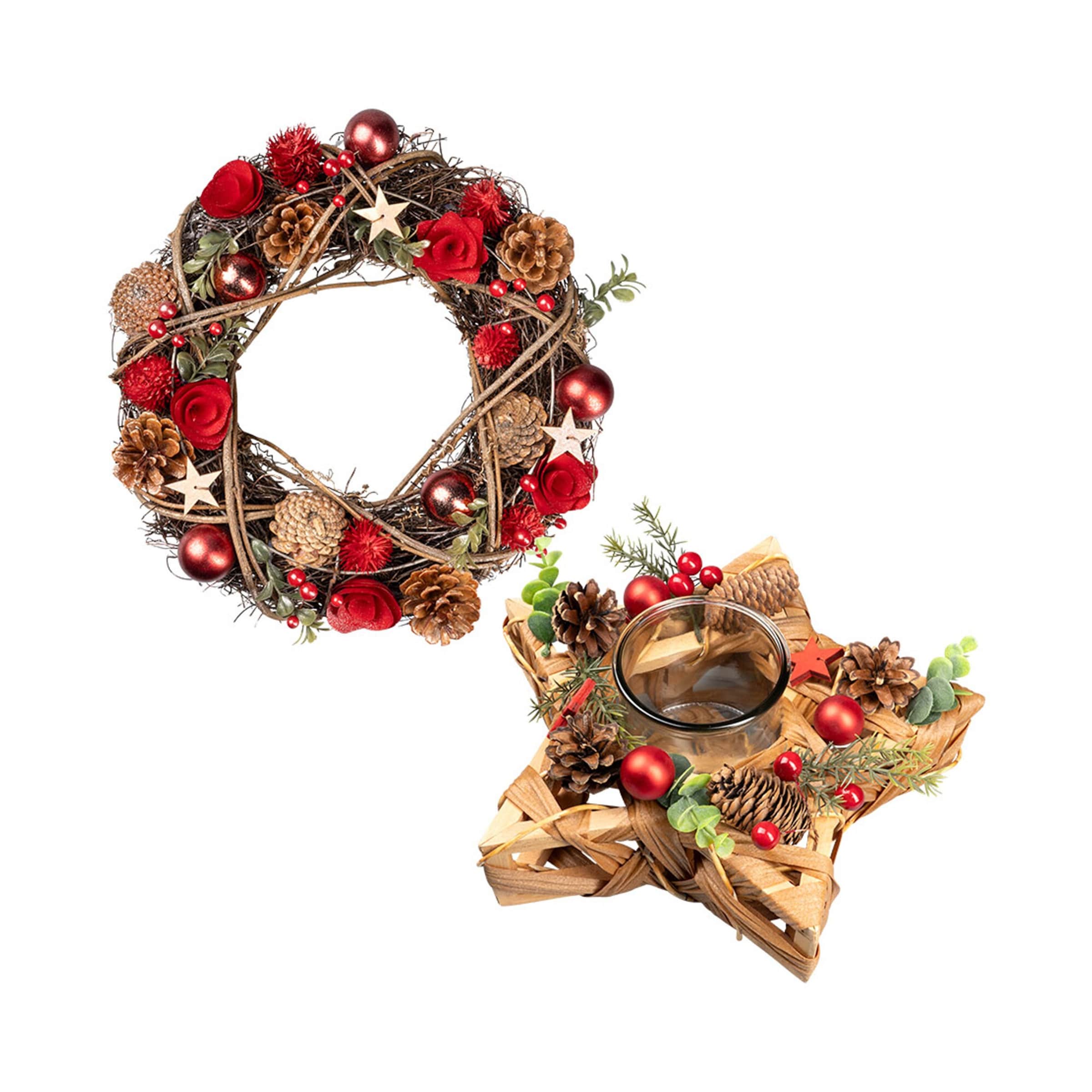 FACKELMANN® Windlicht & Kranz-Set "Weihnachtszauber", 2-teilig