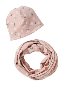 Mädchen-Set: Mütze & Rundschal mit Blumen
