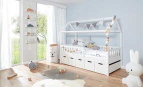 Hausbett "Traumhaus" mit 5er Schubkästen Kiefer Weiß