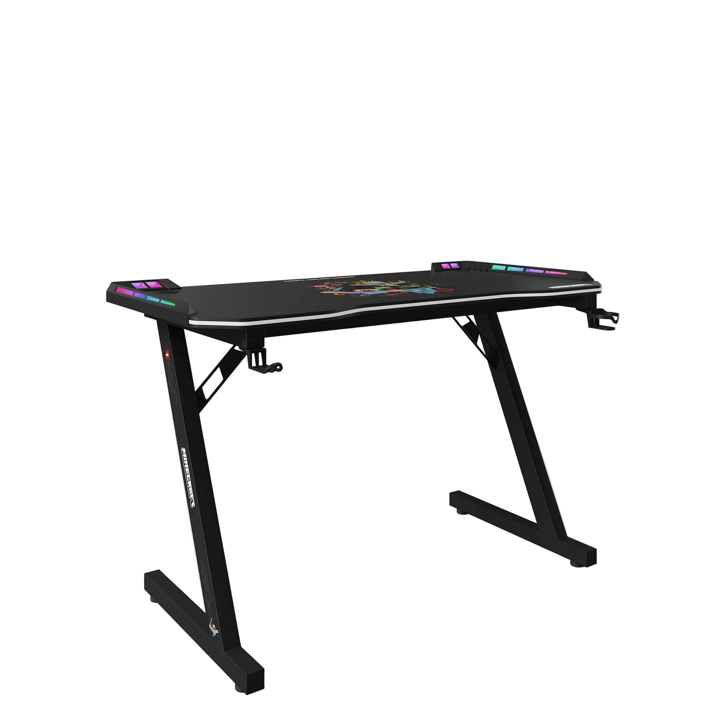 Roba Gaming Tisch mit LED, Becher- und Headphonehalterung, Z-Fuß aus Metall Minecraft