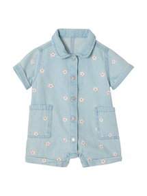 Baby Kurzoverall aus Light-Denim mit Blumenstickerei
