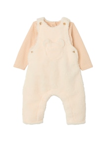 Baby-Set: Latzhose aus Fellimitat und Body mit langen Ärmeln