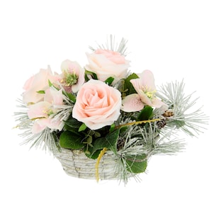 Composition florale « rose » dans un panier en osier