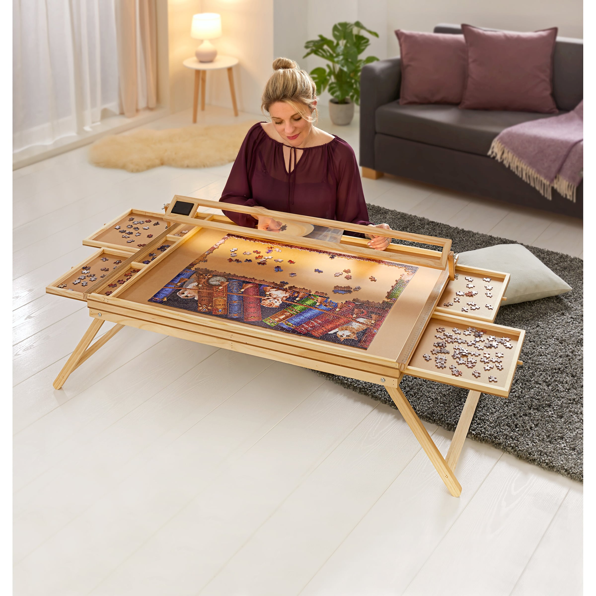 Puzzletisch "Premium" mit LED-Licht, 4 Schubladen, Lupe, Beinen, klappbar für 1500 Teile