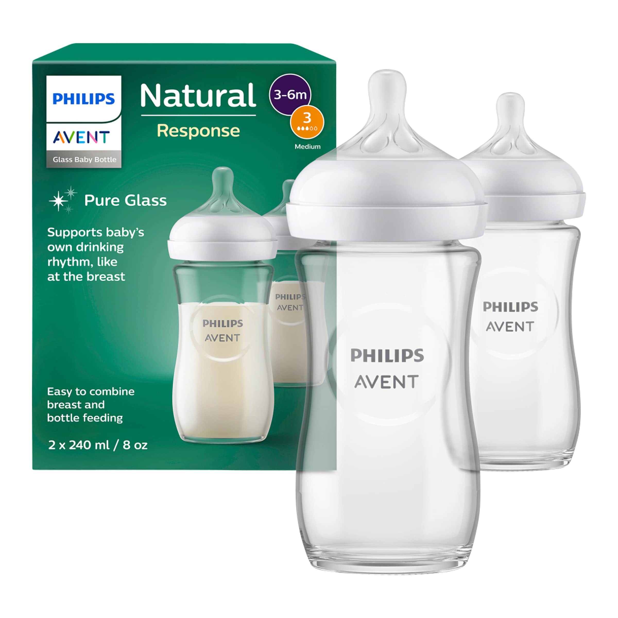 Philips Avent 2er-Pack Babyflasche Natural Response, Glas, 240ml, ab 1M