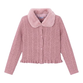 Strickjacke mit abnehmbarem Plüsch-Kragen und Zopfmuster
