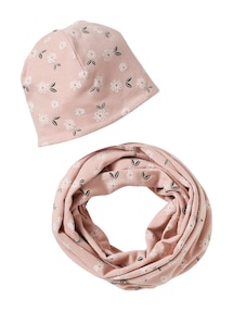 Mädchen-Set: Mütze & Rundschal mit Blumen