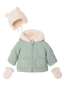 Baby-Set aus Steppjacke mit Kapuze, Mütze und Fäustlingen