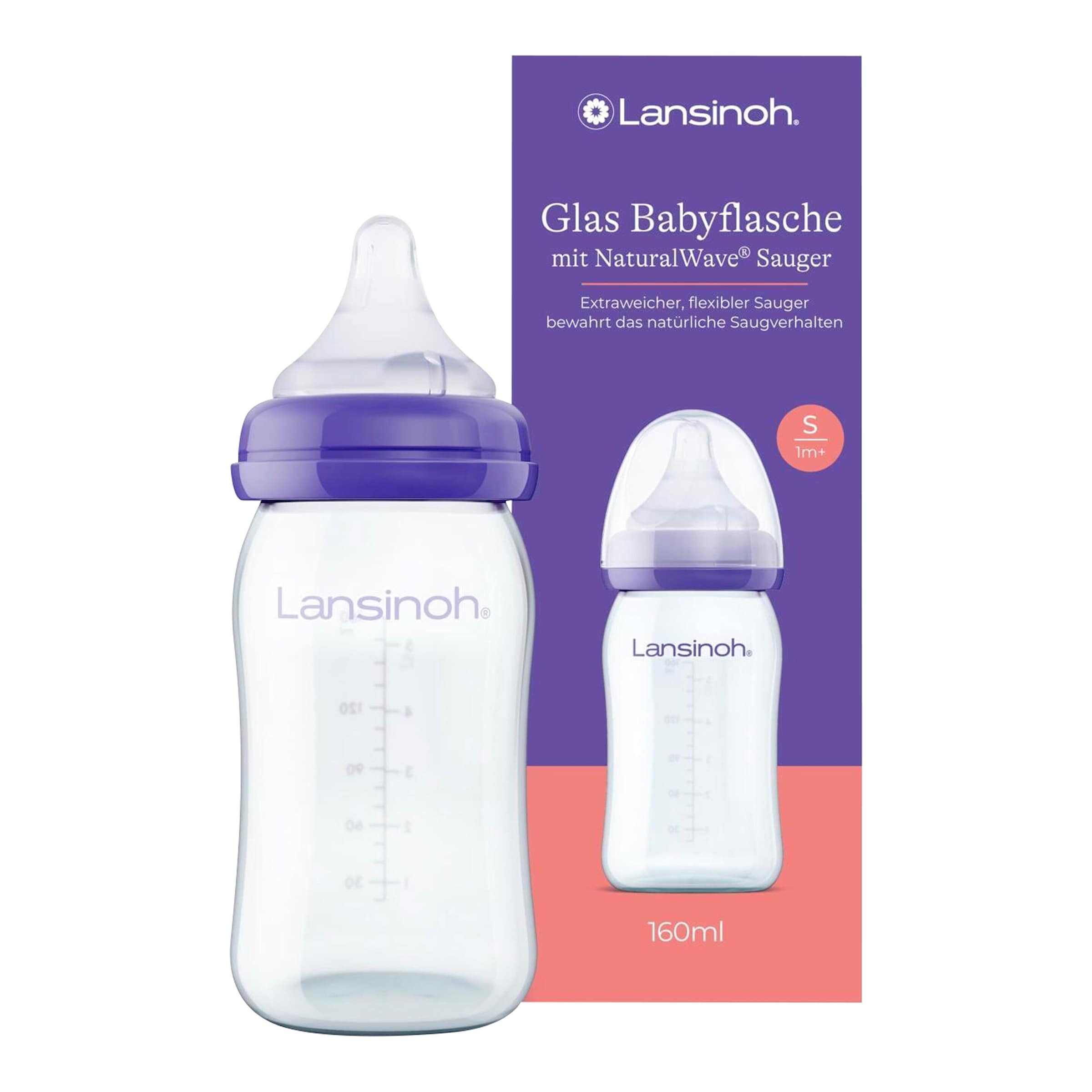 Lansinoh Babyflasche mit NaturalWave®Sauger S, Glas, Weithals, 160 ml