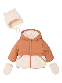 Baby-Set aus Winterjacke mit Kapuze, Mütze und Fäustlingen