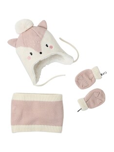 Mädchen Baby-Set: Mütze, Rundschal & Fäustlinge, Katze