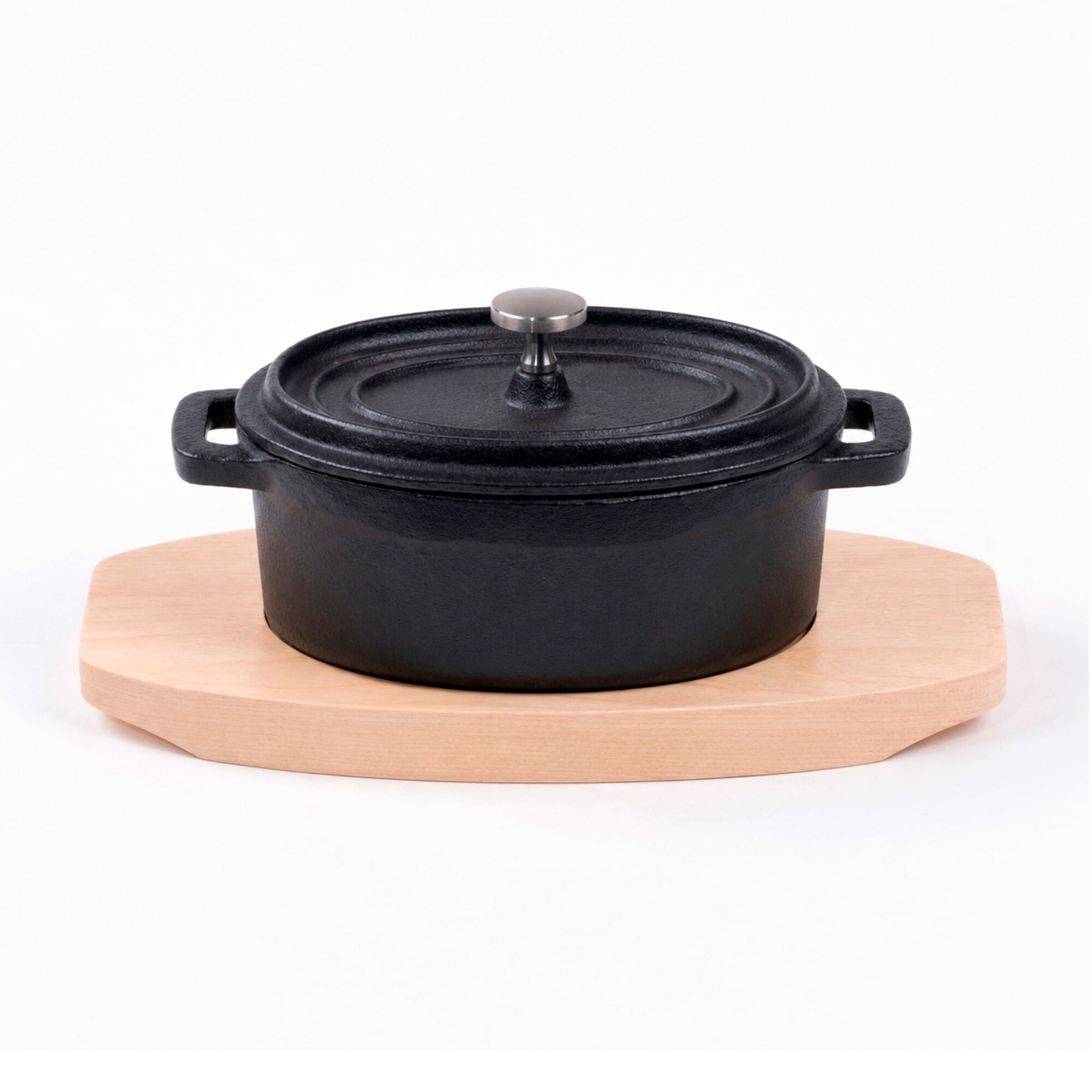 Freyersbacher Mini Cocotte 12x8,5 cm Gusseisen, Kleiner Emaille Topf | Oval, mit Brett und Tuch