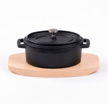 Freyersbacher Mini Cocotte 12x8,5 cm Gusseisen, Kleiner Emaille Topf | Oval, mit Brett und Tuch