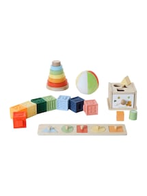 Lernspiel-Set ab 12 Monaten: Sensorikwürfel, Stapelturm, Steck-Puzzle, Steckspiel und Samtball, Holz FSC®