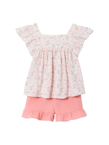 Set aus T-Shirt mit Karree-Ausschnitt und Shorts aus Baumwoll-Musselin für Mädchen