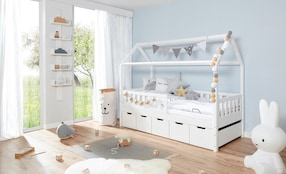 Hausbett "Traumhaus" mit 5er Schubkästen Kiefer Weiß