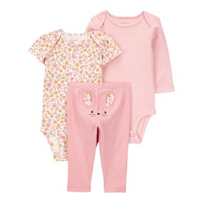 3-tlg. Set Body kurzarm, Body langarm und Leggings Blumen Ringel Hase