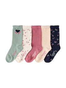 5er-Pack Socken mit Wellensaum Mädchen, Blumen- und Herzmotive