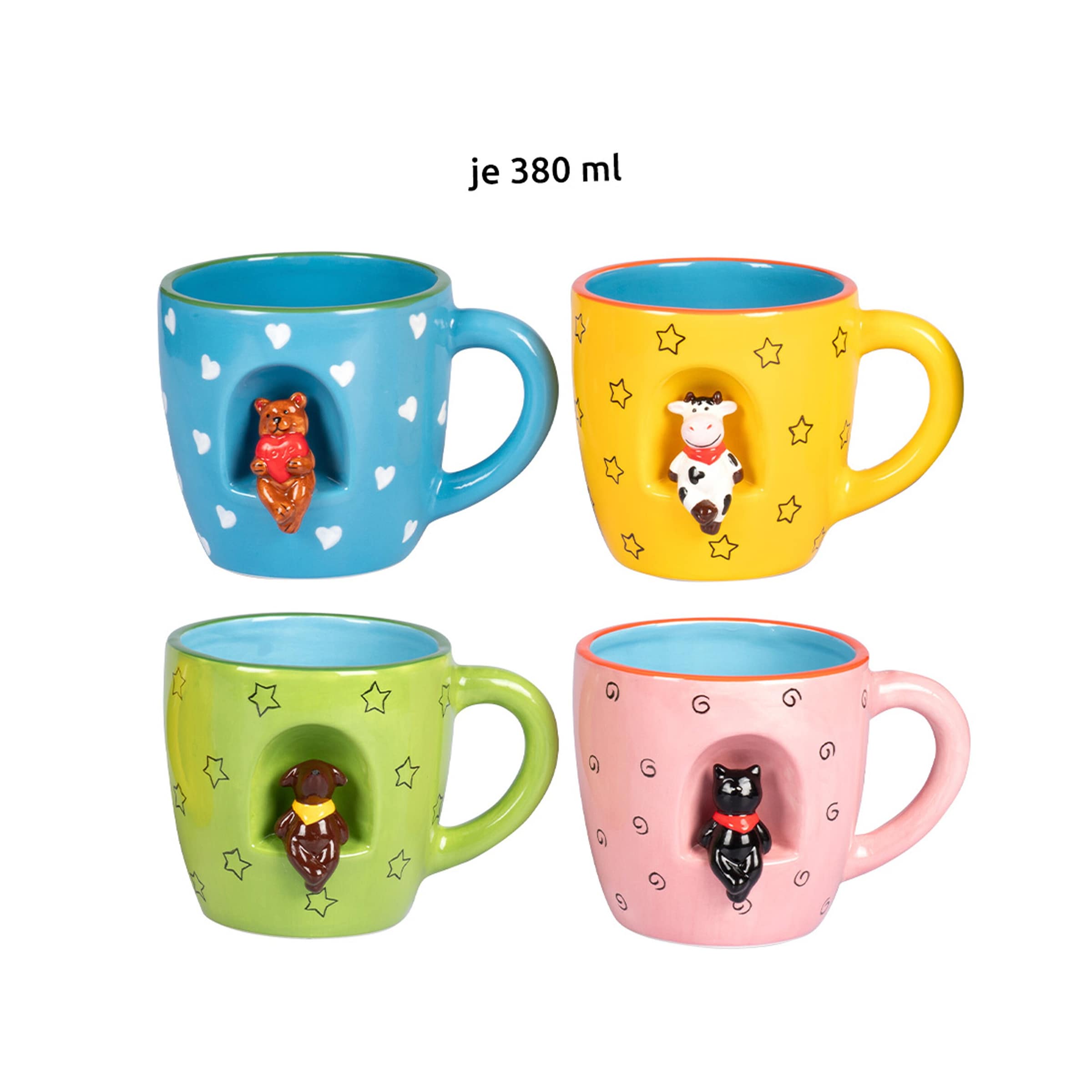 3D-Tassen-Set „Tiere“, 4 Stück je 380 ml