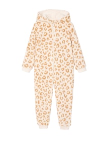 Schlafanzug mit Leo-Print und Kapuze aus Teddyfleece, Mädchen