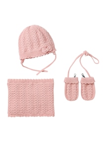 Baby-Set: Mütze mit Schleife, Rundschal und Fäustlinge aus Ajourstrick