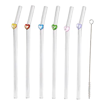 Glazen rietjes “Hartjes”, 6 stuks