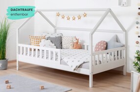 Kinderbett Hausbett "Kay" 120x200 Kiefer weiß für Jungen & Mädchen, inkl. Rolllattenrost, Rausfallschutz variabel, Montessori Bett weiß aus Kiefer Massivholz