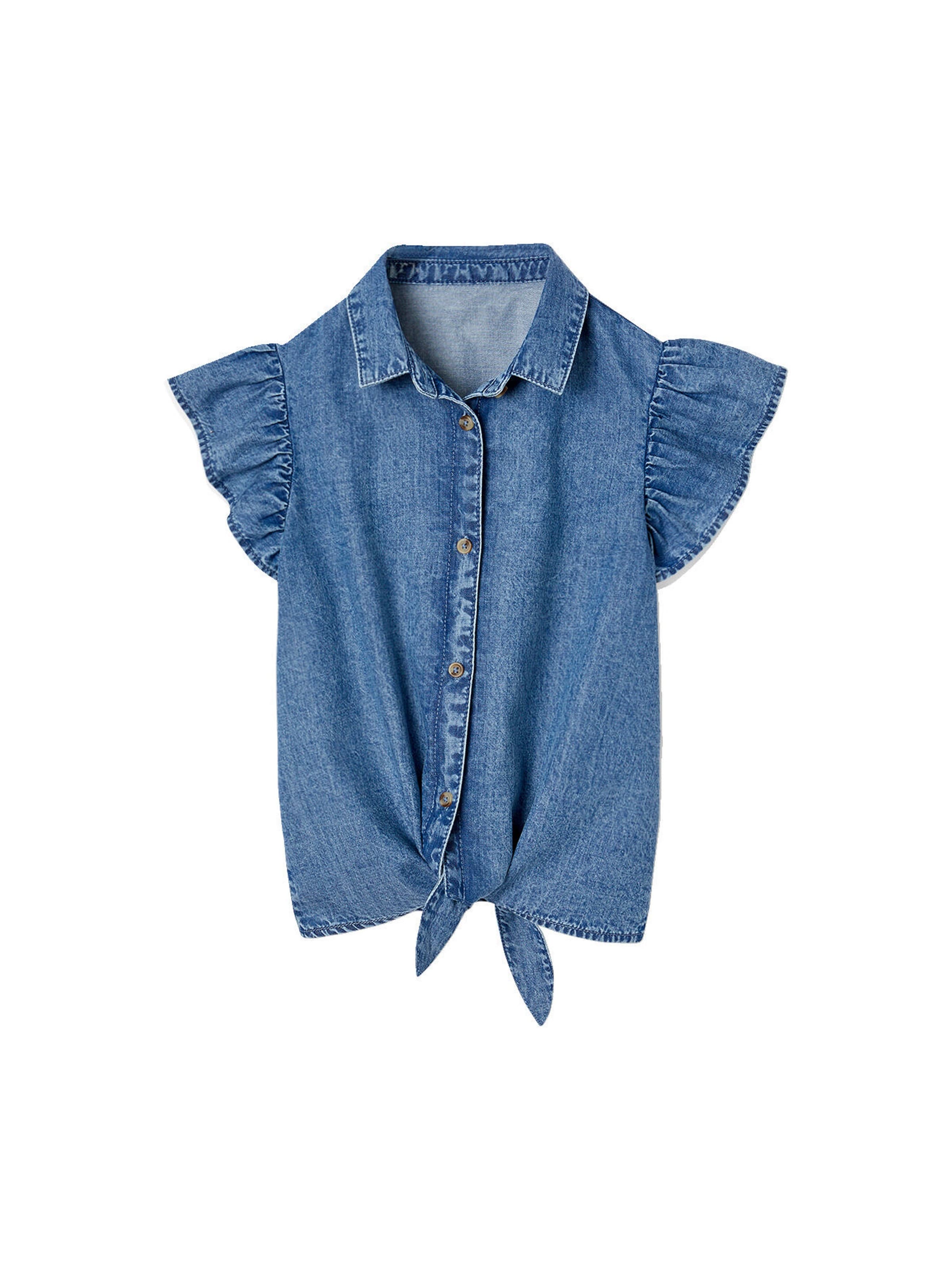 Vertbaudet Mädchen Bluse Denim - Jeansbluse Mit Volantärmeln Zum Binden