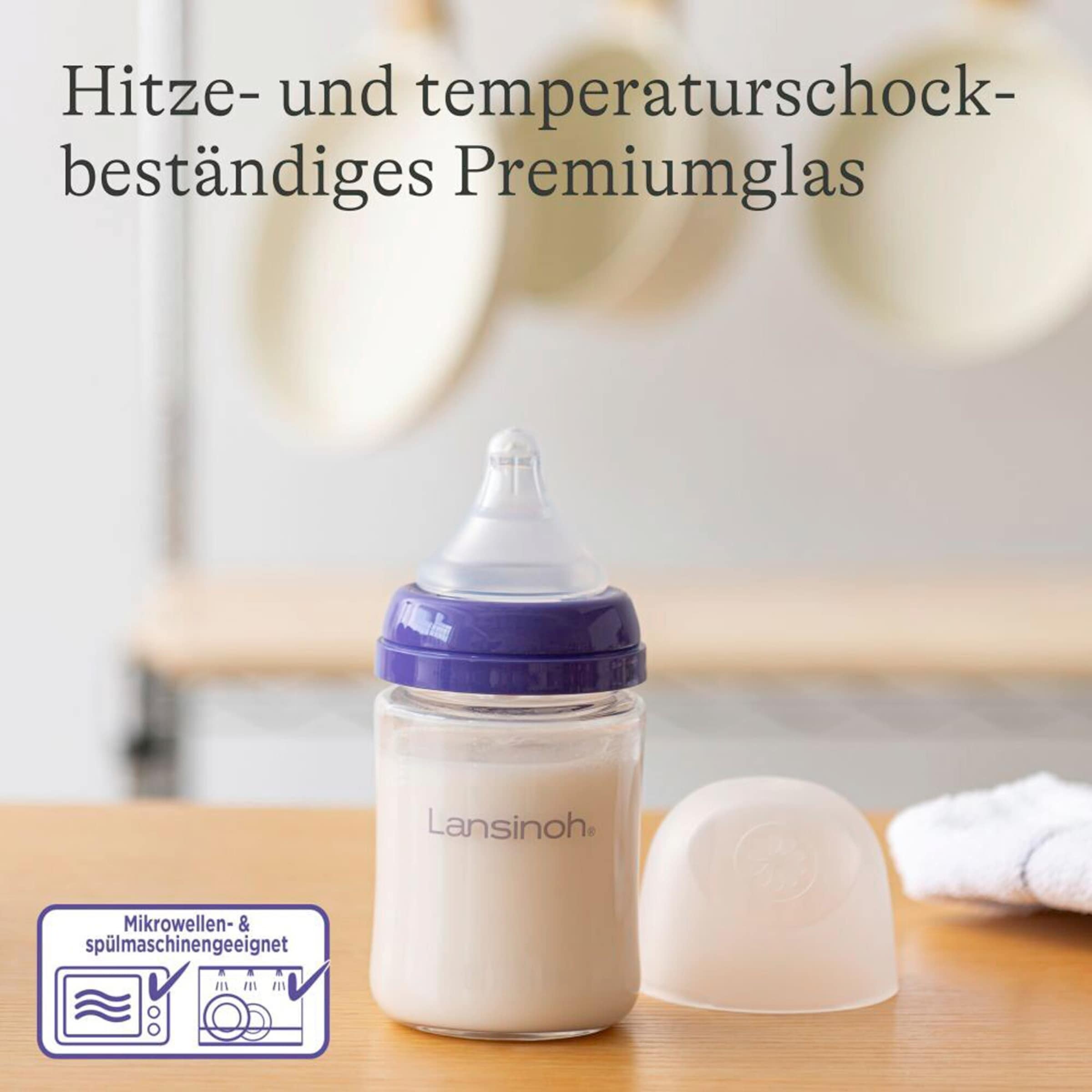 Lansinoh Babyflasche mit NaturalWave®Sauger S, Glas, Weithals, 160 ml