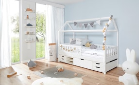 Hausbett "Traumhaus" mit Funktionsschubkasten Kiefer Weiß