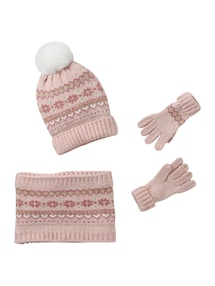 Mädchen Set: Mütze, Rundschal & Handschuhe mit Jacquardmuster und goldenen Details