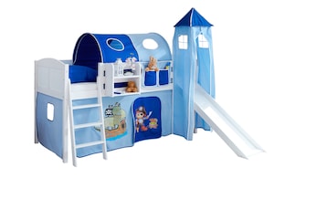 Hochbett mit Rutsche Rutschbett mit Turm "Ekki" Country Kiefer Weiß Motiv