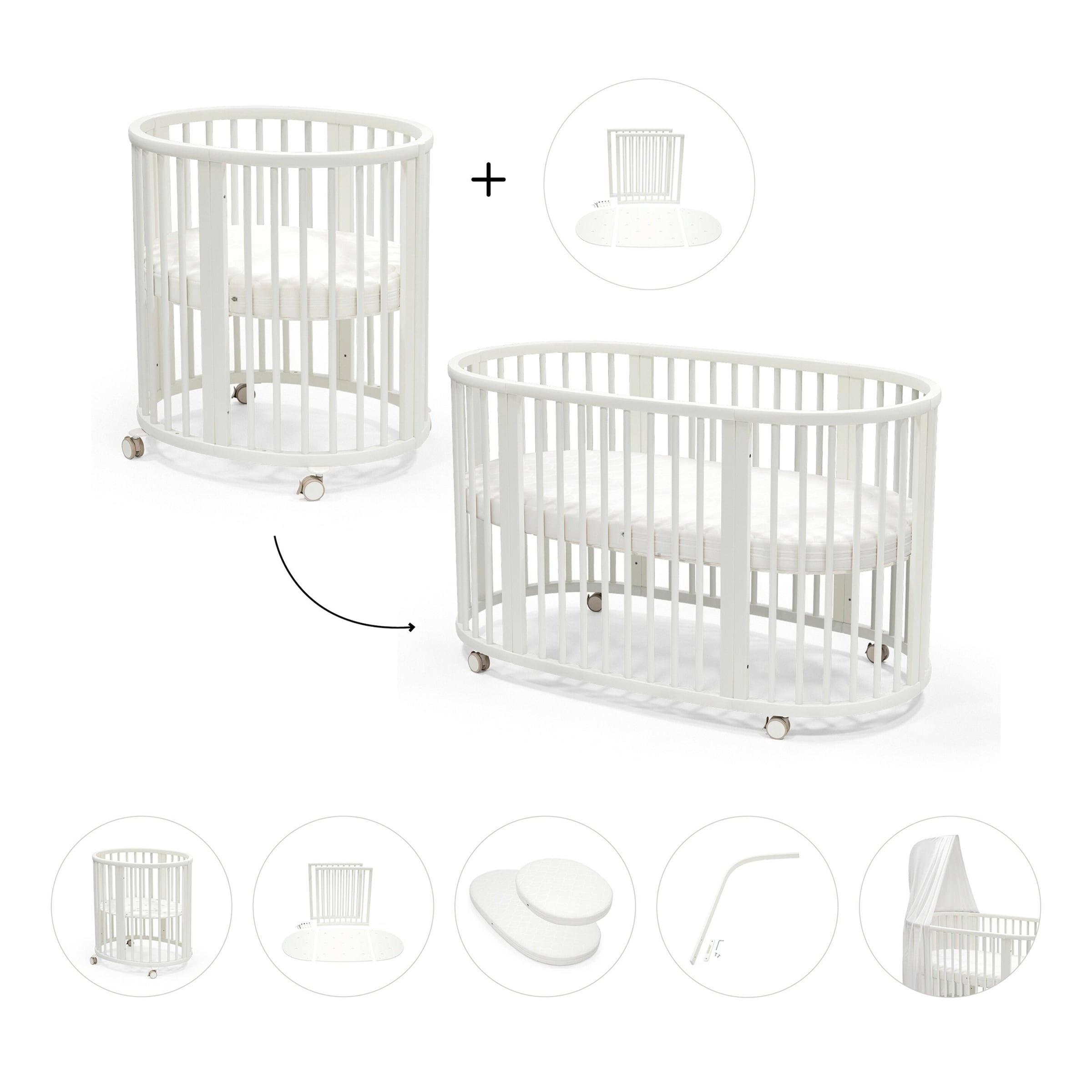 Stokke® Sleepi™ Bundle Sleepi Mini inkl. Umbausatz, 2 Matratzen und Spannbettücher, Himmelstange und Himmel