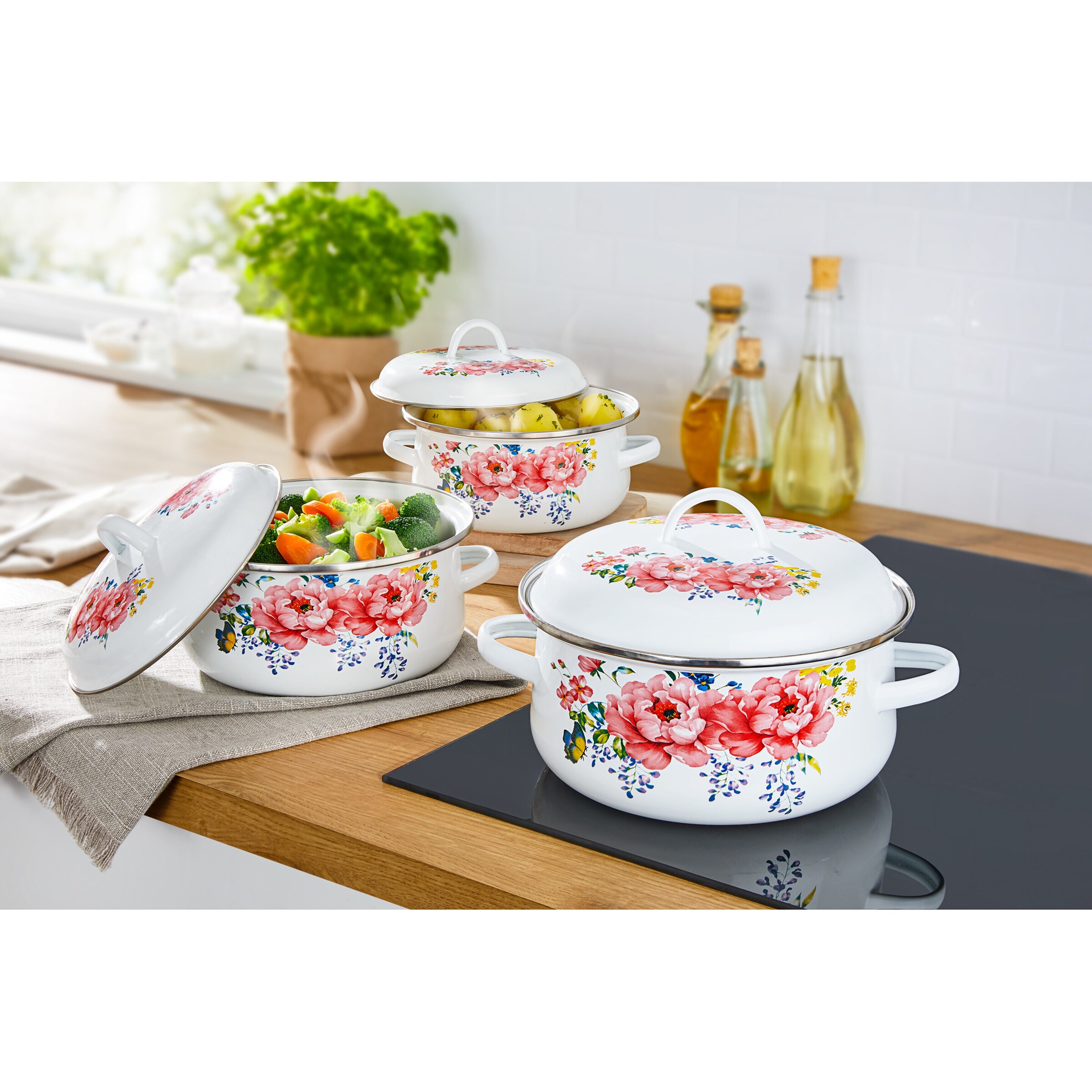 Emaille-Topfset "Sommer-Blüten", 3 Stück