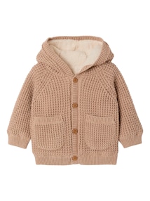 Baby Strickjacke mit Kapuze warm gefüttert, Teddyfleece