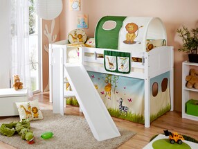 Hochbett mit Rutsche Podestbett Ekki Kiefer Weiß inkl. Vorhangstoff