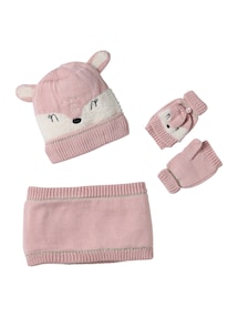 Geschenkset: Mütze, Rundschal & Handschuhe mit Reh-Motiv für Mädchen