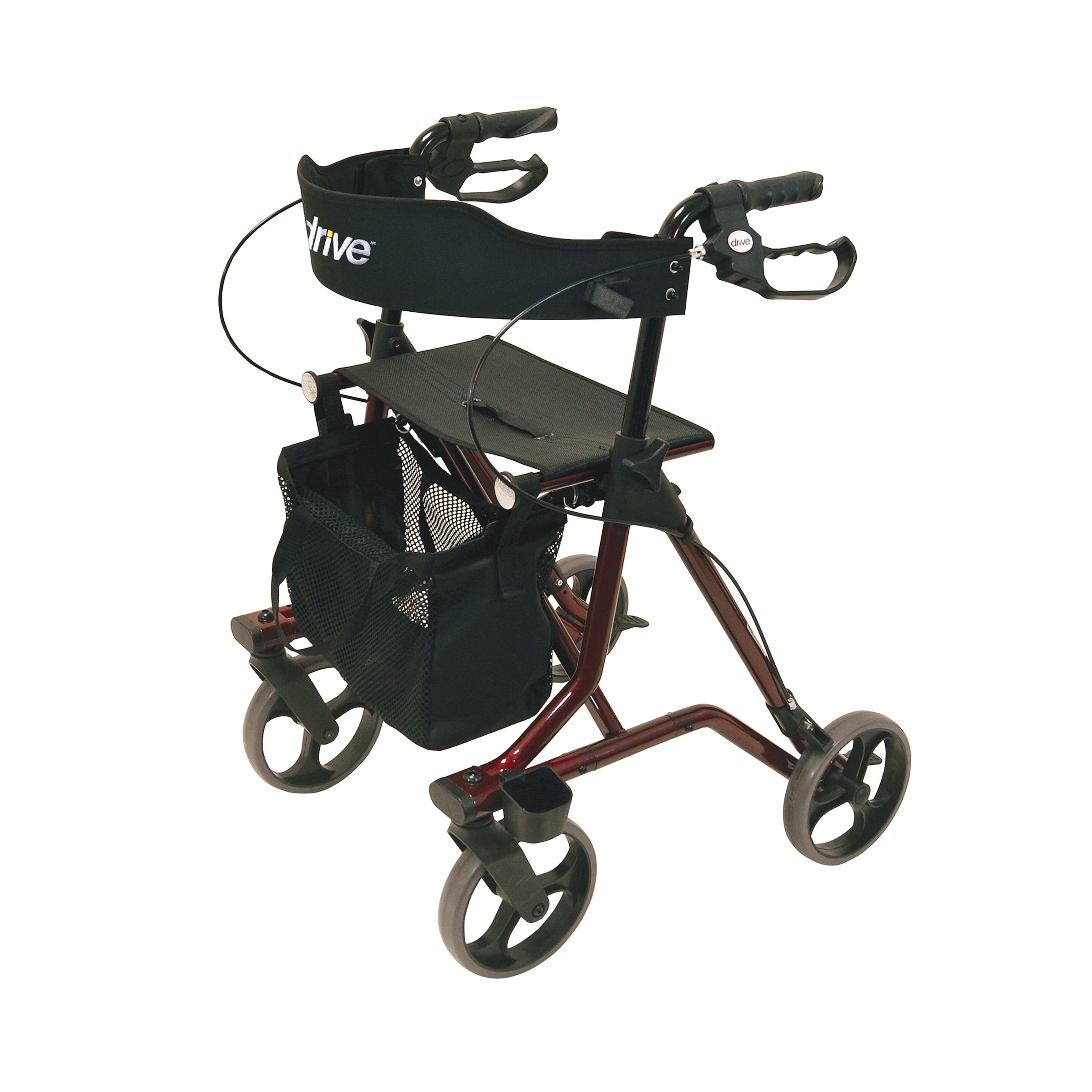 Rollator Torro mit Tasche, Rückengurt und Stockhalter rot