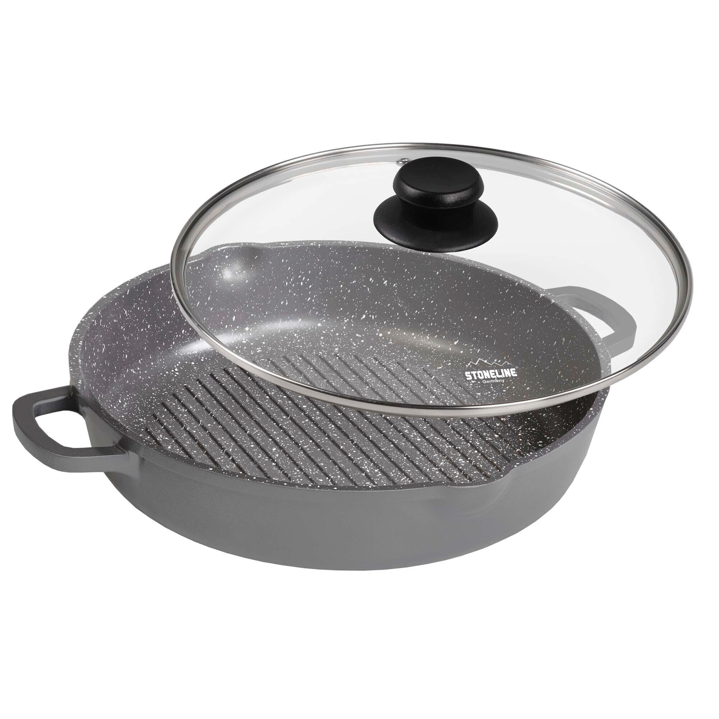 STONELINE® STONELINE STONELINE® Grillpfanne 28 cm rund mit Glasdeckel, 2 Ausgüssen