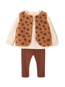 Baby-Set aus Teddyfleece-Weste mit Leo-Print, Blusenshirt und Leggings