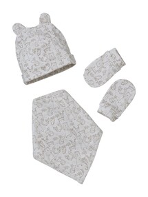 Baby-Set aus Jersey: Mütze, Fäustlinge & Halstuch in Beutel