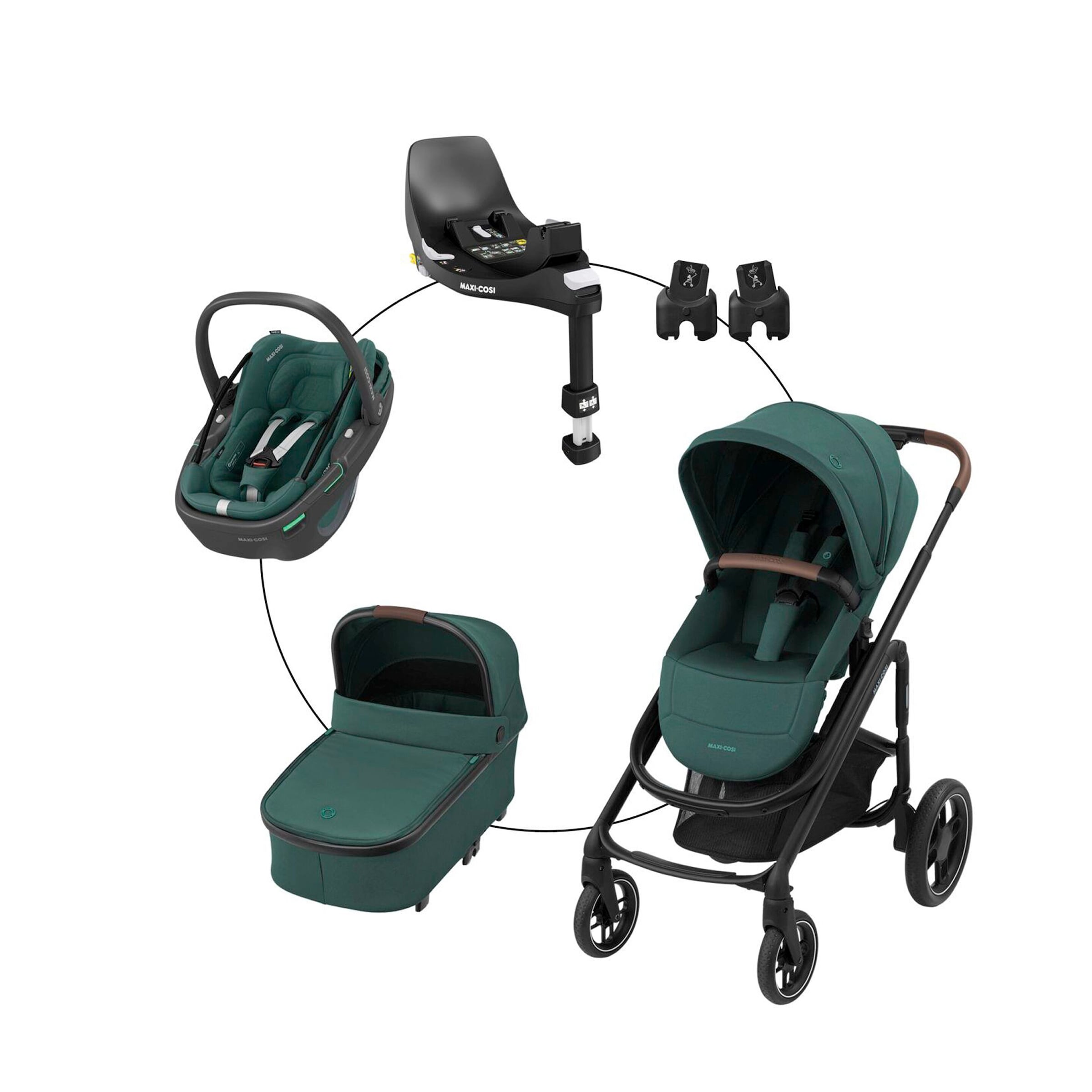 Maxi Cosi Kombikinderwagen Plaza Travel Set inkl. Babyschale Coral 360 i Size und Isofix Basis Familyfix 360 essential green