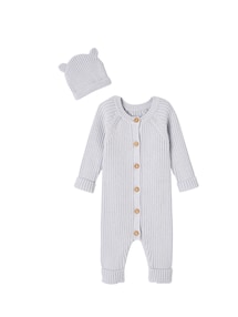 Baby-Set: gerippter Strickoverall & Mütze mit Ohren