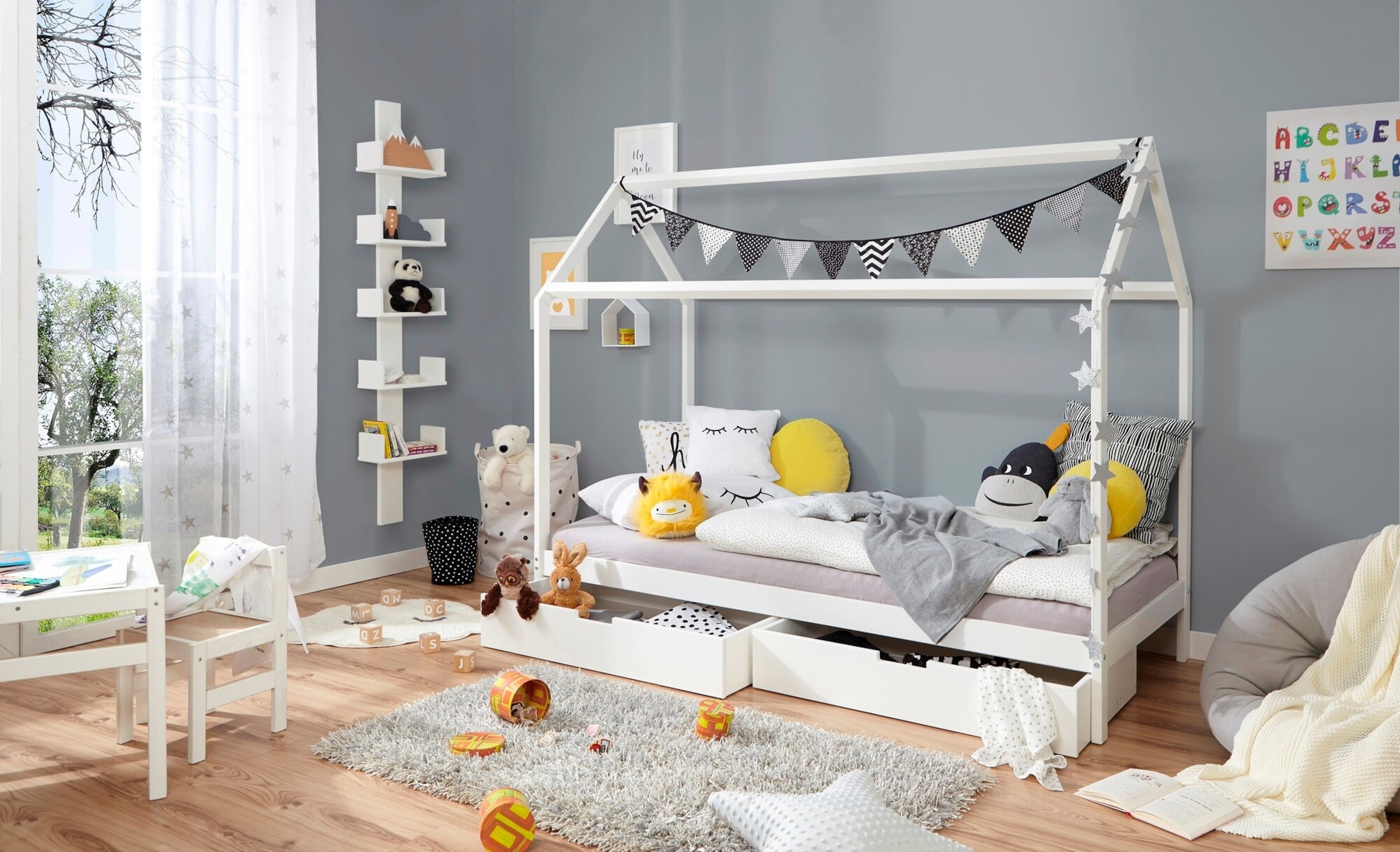 TiCAA Kinderbett Hausbett Lina mit Schubkästen 90x200 cm Kiefer weiß