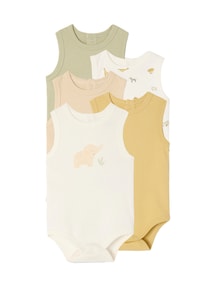 Bio-Kollektion: 5er-Pack ärmellose Baby Bodys mit Tiermotiven