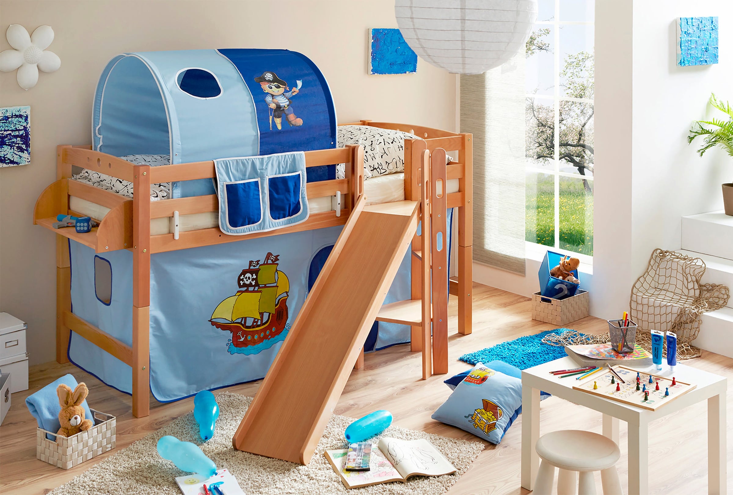 Ticaa Hochbett mit Rutsche Podestbett "Tino" Buche Natur Motiv, teilbar mit Farbauswahl