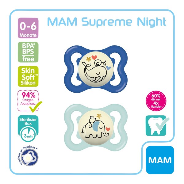 MAM - Lot de 2 sucettes en silicone Supreme Nights, 0-6M