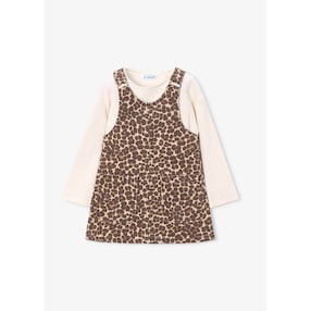 2-tlg. Set Shirt langarm Rippqualität und Latzkleid Leoprint