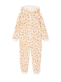 Schlafanzug mit Leo-Print und Kapuze aus Teddyfleece, Mädchen